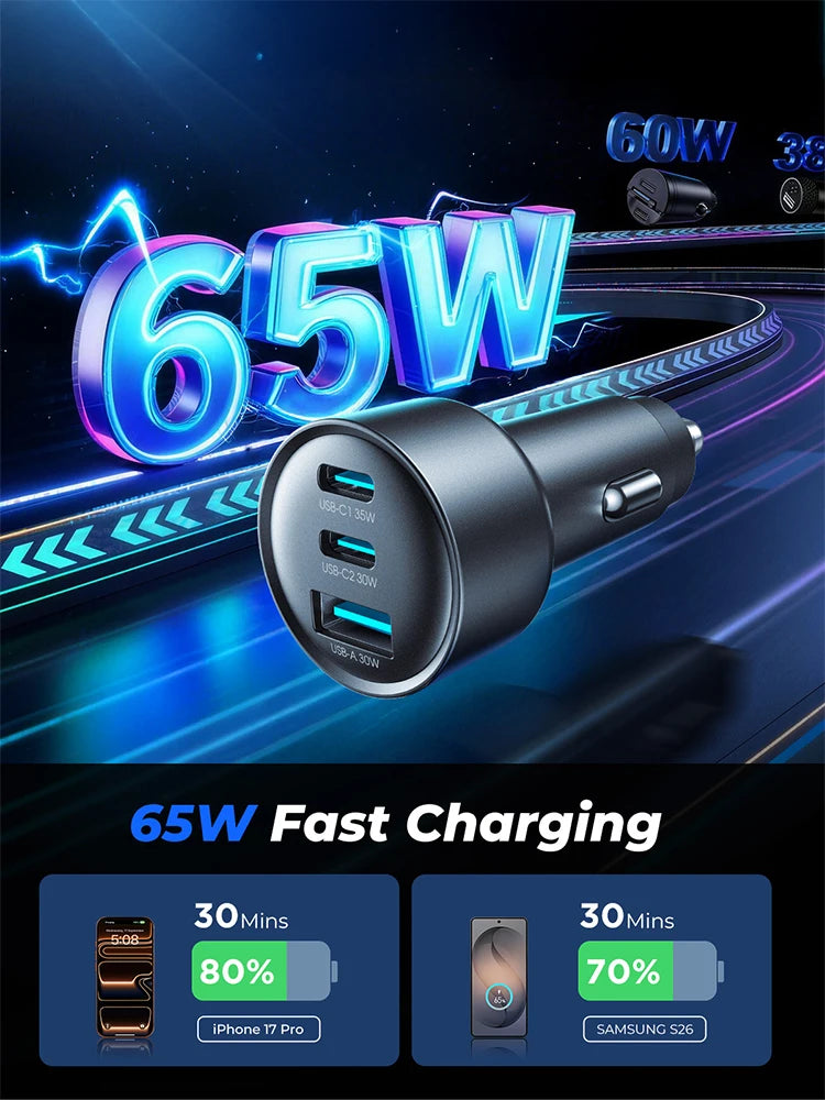 Joyroom 65W USB C Car Charger PD 3.0 QC 3.0 USB Type-C Fast 