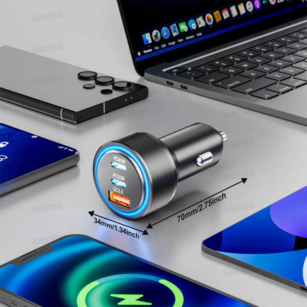 USB C Car Charger 3-Port 67W Dual USB-C & USB-A Car Power Ad