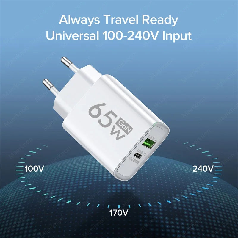 65W GaN USB C Charger Dual Port PD3.0 QC3.0 Fast Wall Adapte