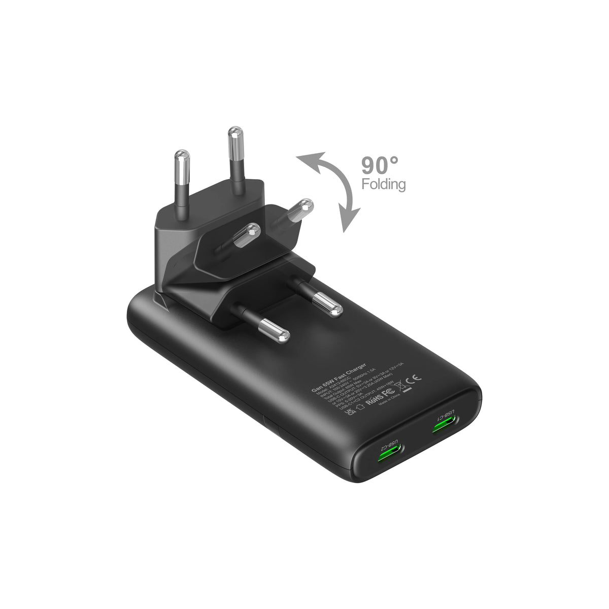 65W GaN 2-port Flat USB-C Wall Charger With USB C Fast Charg