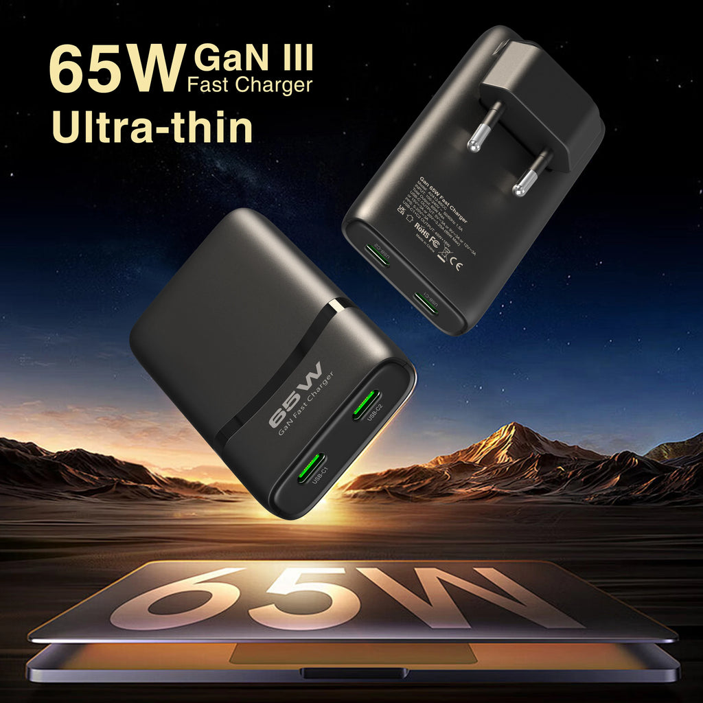 65W Flat GaN USB C Charger Dual-port Fast Wall Charger Compa