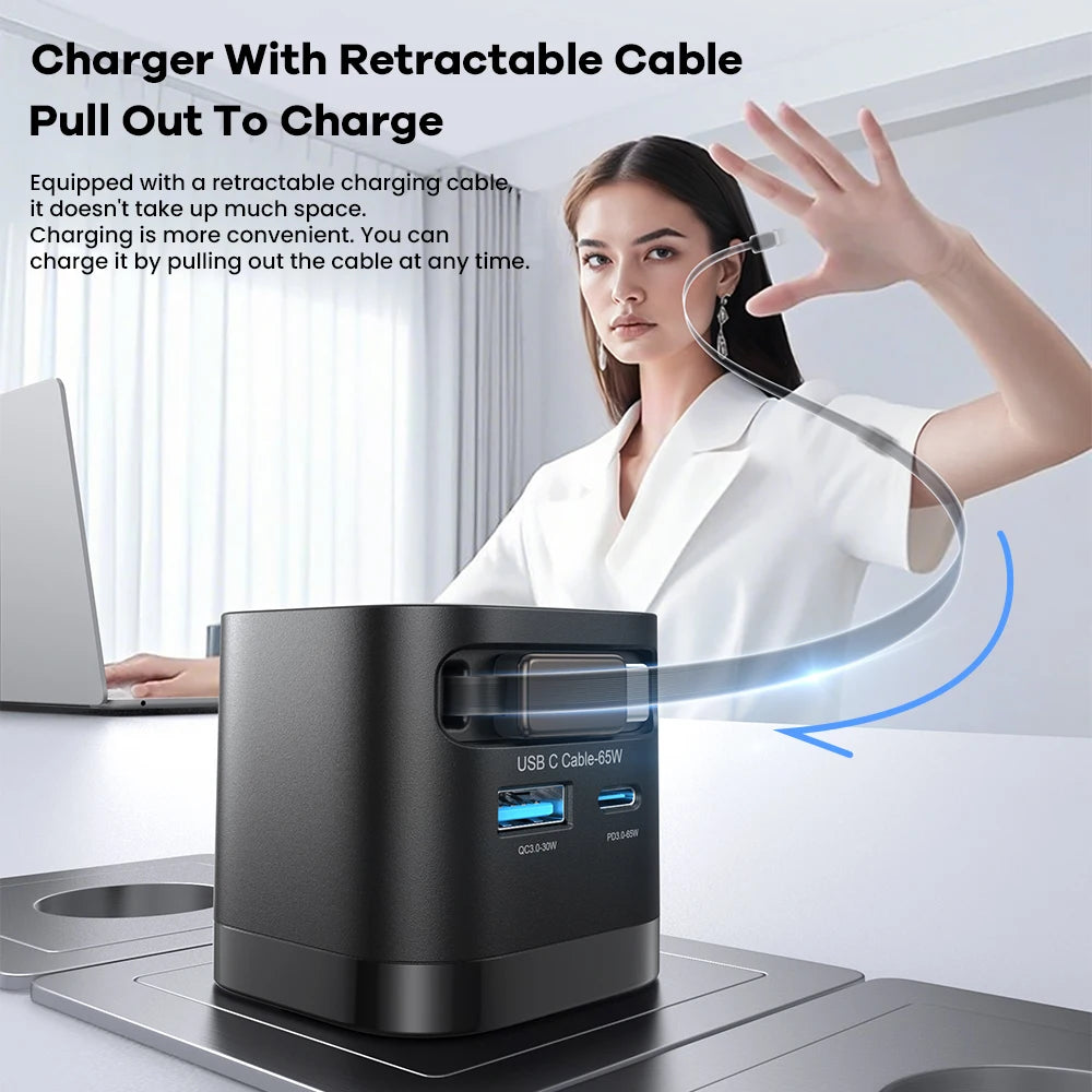65W GaN USB Charger with Type C Retractable Cable 3 Port QC4