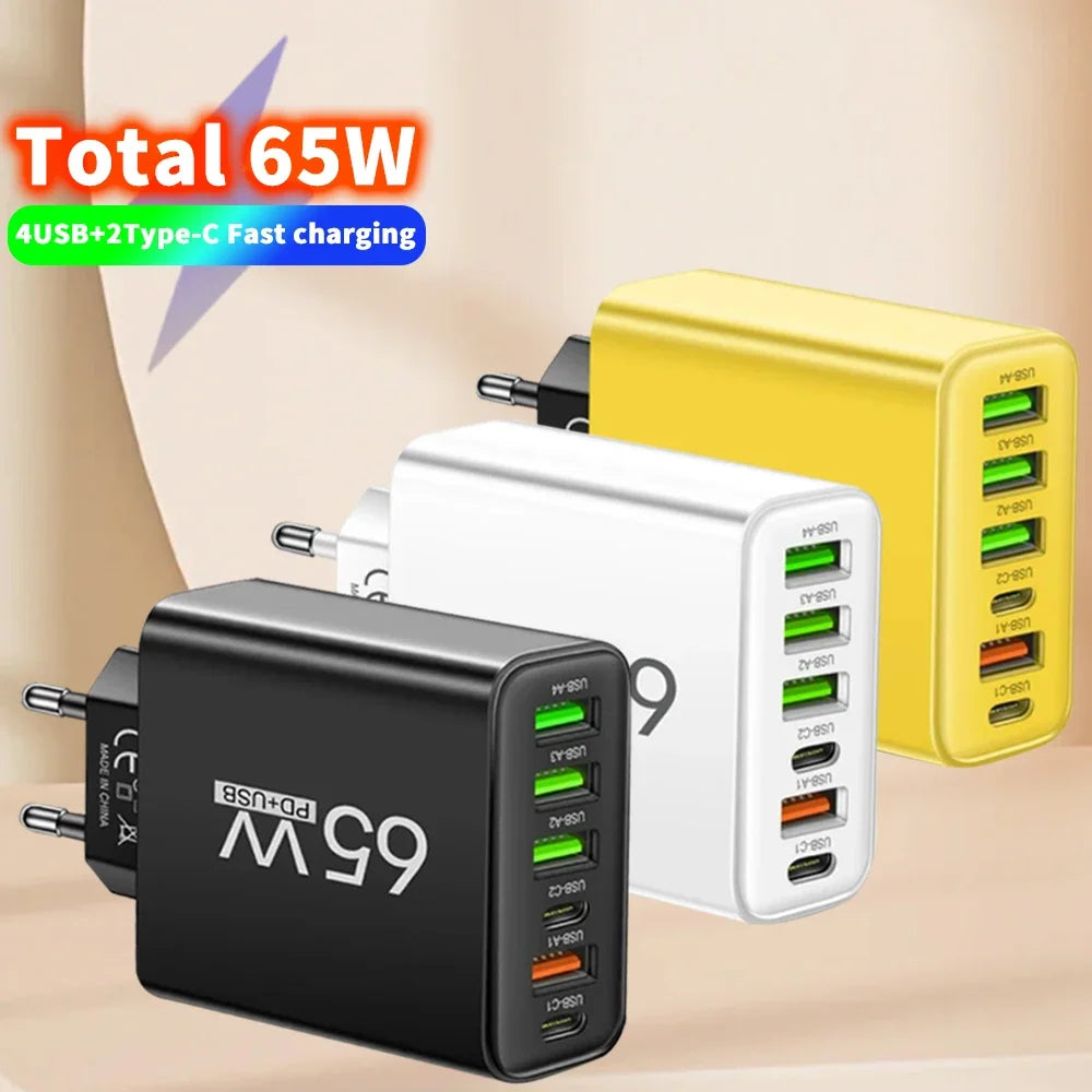 6 Ports 65W USB PD Charger Fast Charging Type C Phone Charge
