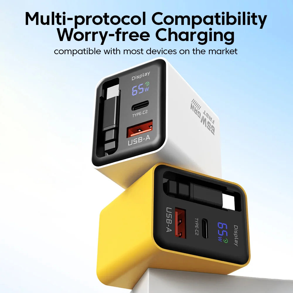 65W GaN USB Phone Charger With Retractable Type C Cable Supe