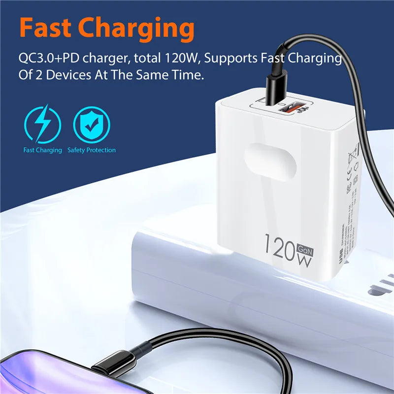 120W Fast Charger USB Type C PD Cable Fast Charging Quick Ch