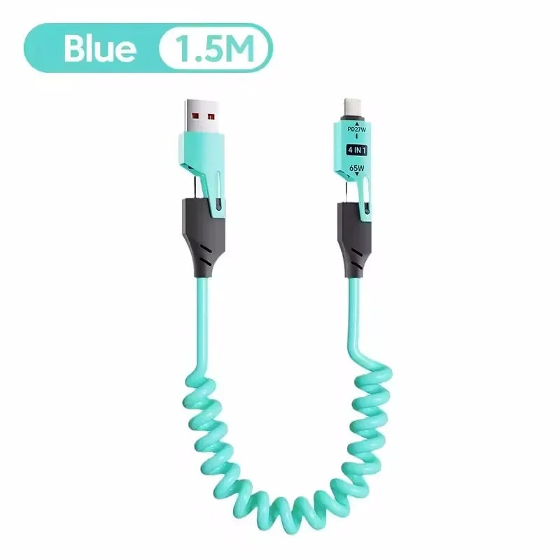 65W Spring Short Data Cable 6A USB Type C 4 in 1 Spring Telescopic Quick Charger Wire Spring USB Cable for iPhone iPad MacBook