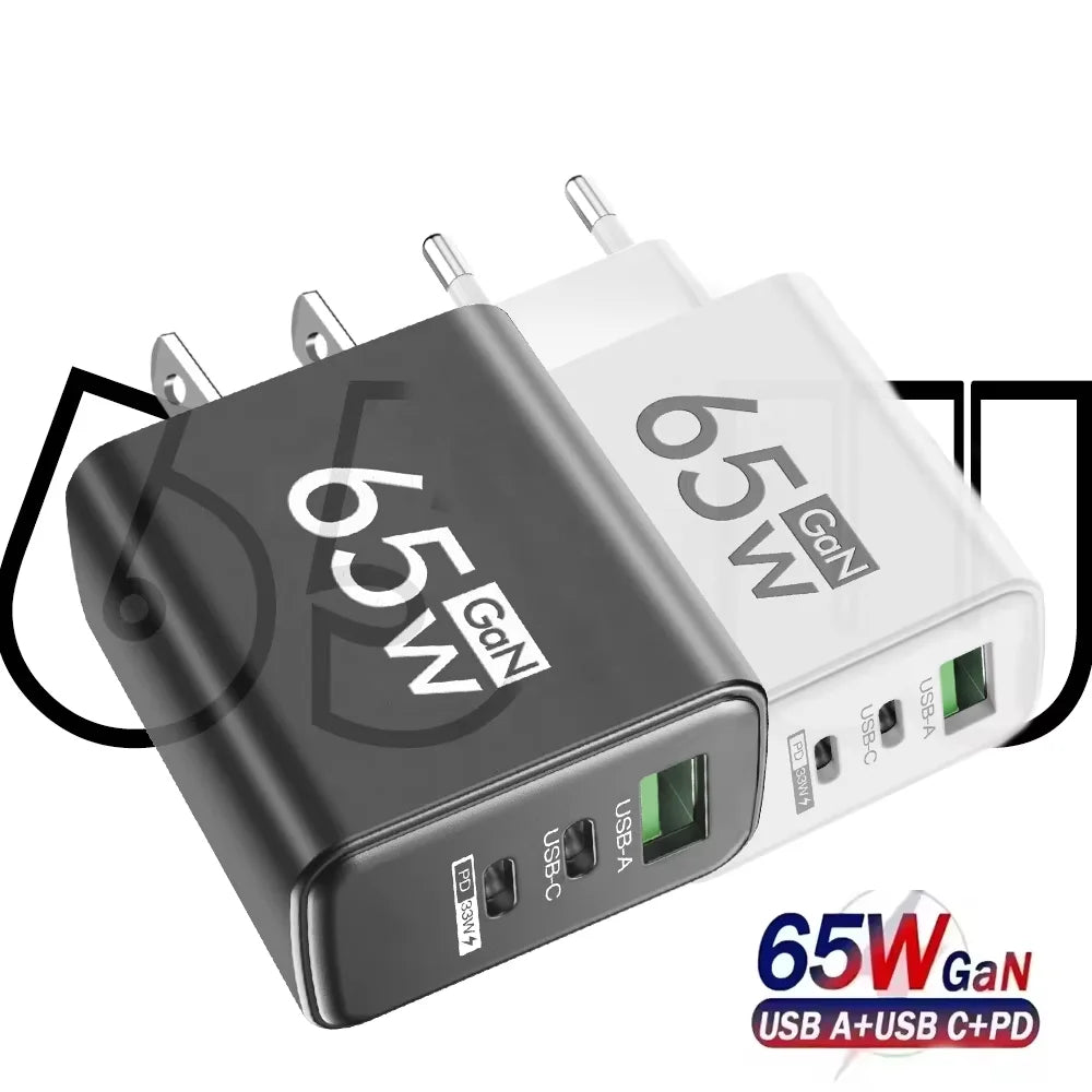 65W GaN Fast Wall Charger 3 Port USB A+C QC PD Charging Stat