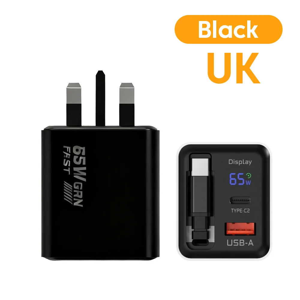 65W GaN USB Phone Charger With Retractable Type C Cable Super Fast Charge Charger Adapter For iPhone 17 Samsung Wall cargadores
