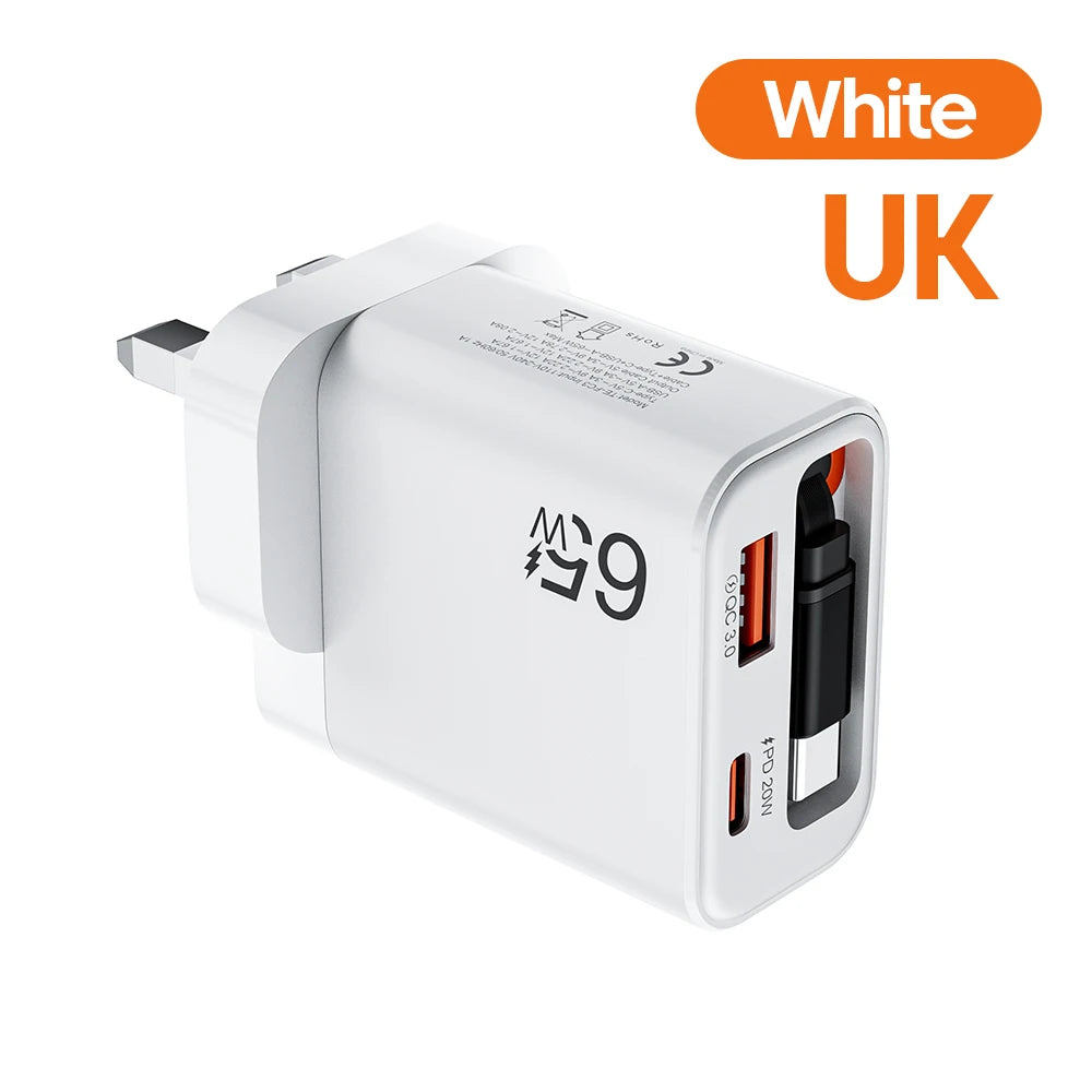 65W Super Fast Charge USB Phone Charger With Retractable Super Fast Charging Type C Cable For iPhone Xiaomi USB PD Wall Charger