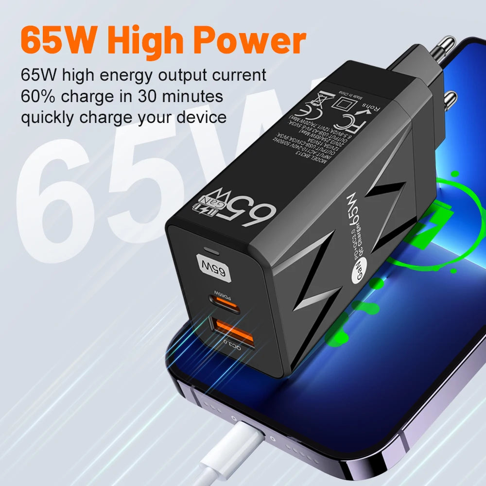 PD 65W GaN Charger for Ipad Laptop USB Type C Super Fast Cha