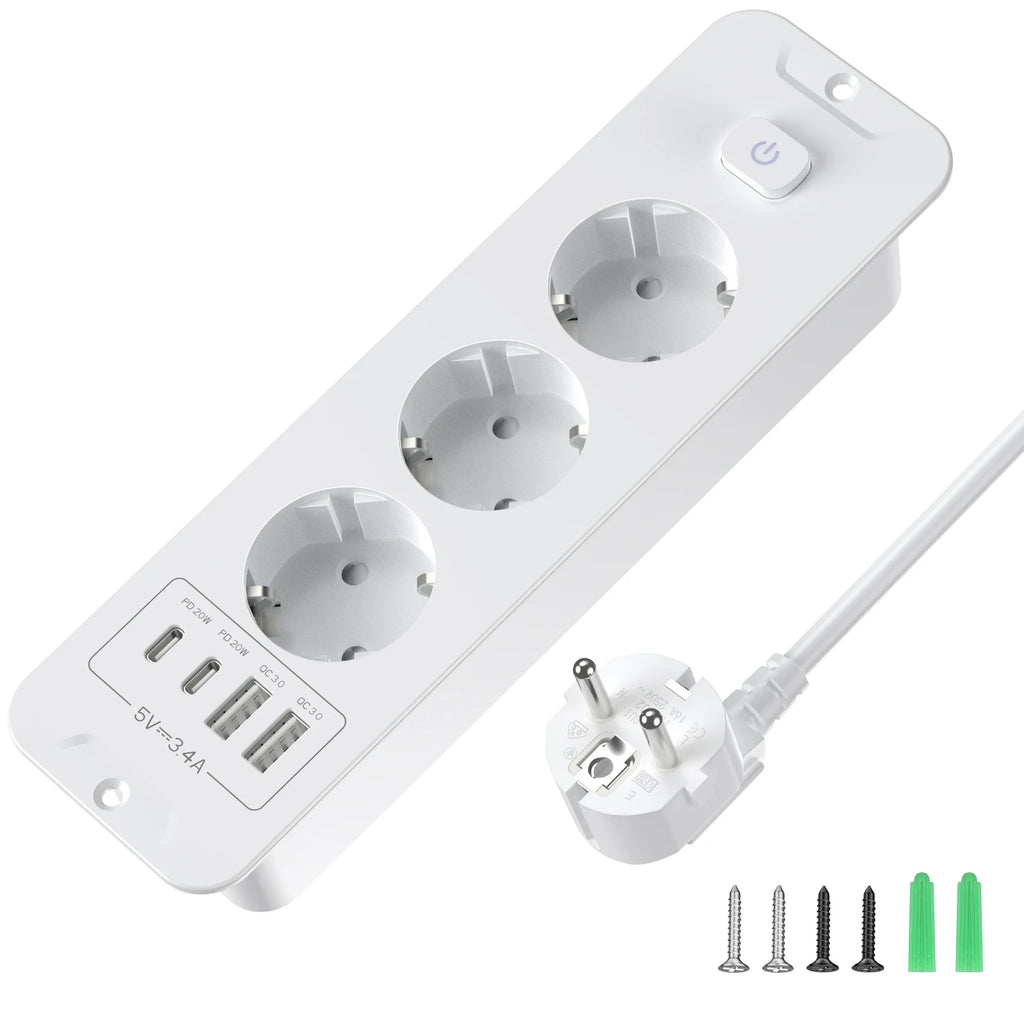 EU Plug Desktop Built-in Power Board 2/3 AC Power Socket 2 USB2 Type-C Charging Adapter Port 2M Extension Cable White Black