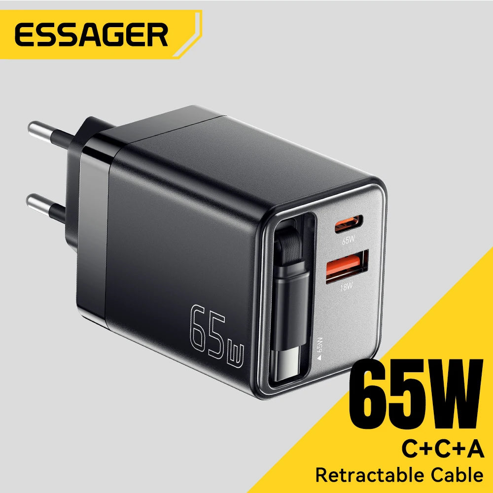 Essager 65W GaN Charger with Retractable Cable PD Fast Charg