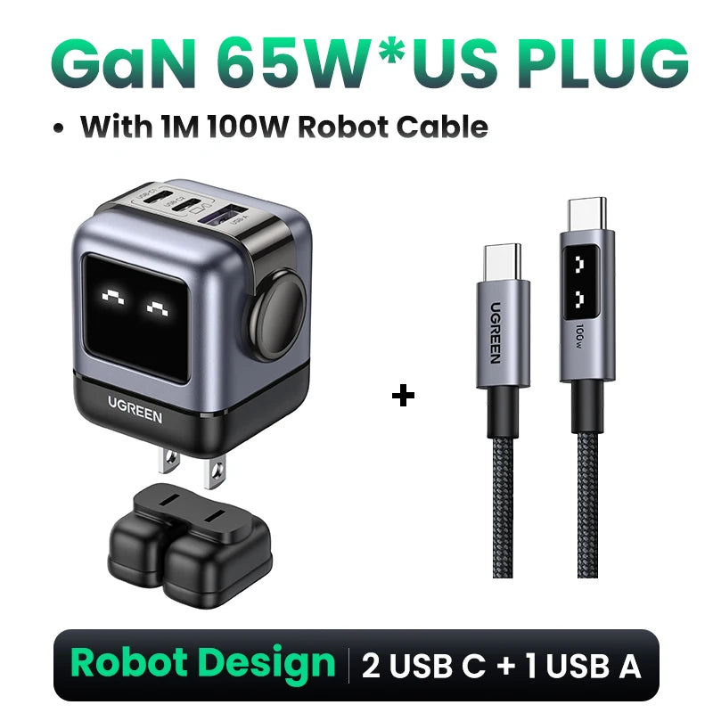 UGREEN 65W GaN Charger Uno Robot Design PD Fast Charger PPS PD3.0 for iPhone 17 16 15 Fast Charge for Xiaomi Laptop Macbook Pro