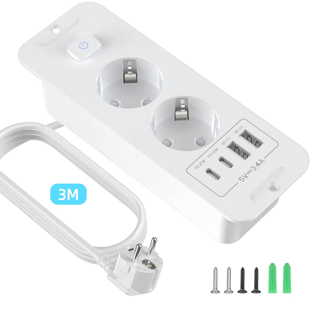 EU Plug Desktop Built-in Power Board 2/3 AC Power Socket 2 USB2 Type-C Charging Adapter Port 2M Extension Cable White Black