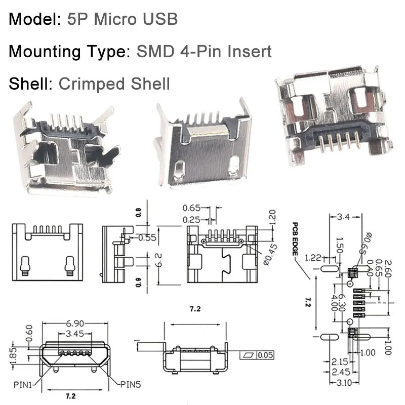 10PCS Micro USB Android Female Charging Socket Flat Edge Crimped Type 5Pin 4 Mounting Pins SMD & DIP Tail Connector