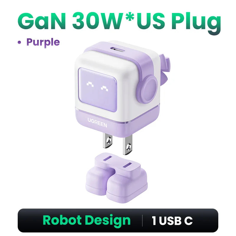US Plug UGREEN 65W 30W GaN Charger Robot Design PD3.0 Fast Charger QC4.0 3.0 PPS for iPhone 18 17 16 Pro Macbook Laptop Table