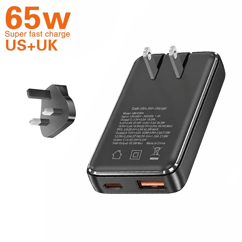 TINSOL 65W Ultra-thin Gallium Nitride Charger USA/EU/Korea/UK USB-C Dual Port Fast Charging Multi-country Travel Plug