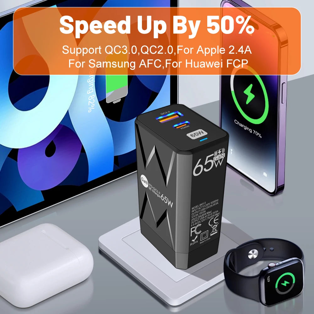 PD 65W GaN Charger for Ipad Laptop USB Type C Super Fast Cha