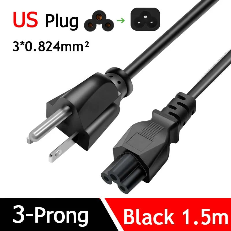 1.5m 3 Prong AC Power Cable EU US AU UK To C5 3 Pin Plug Con