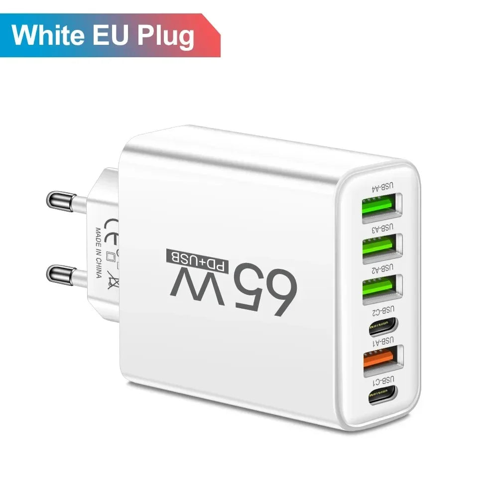 6 Ports 65W USB PD Charger Fast Charging Type C Phone Charger Adapter For iPhone Samsung Xiaomi USB C Quick Charge Wall Charger