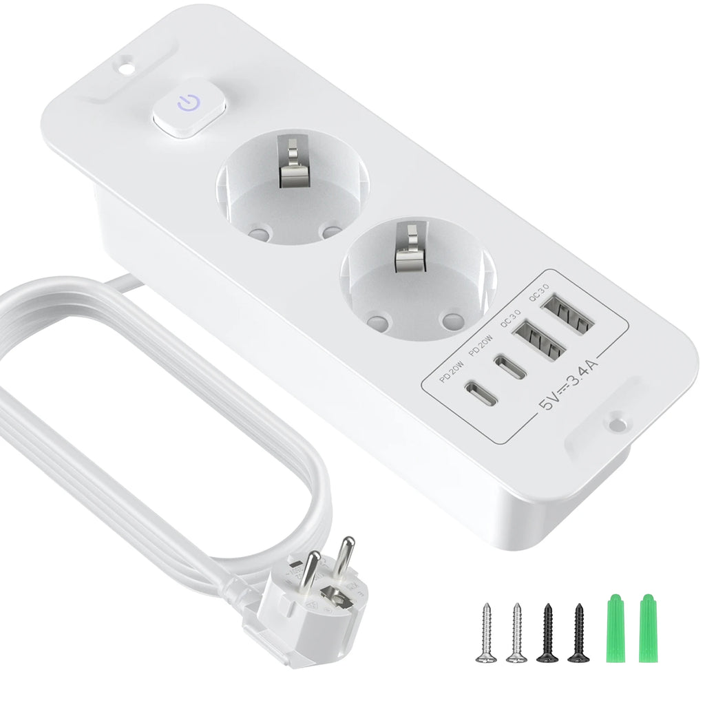 EU Plug Desktop Built-in Power Board 2/3 AC Power Socket 2 USB2 Type-C Charging Adapter Port 2M Extension Cable White Black