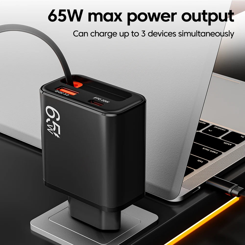 65W USB-C Wall Charger with Retractable Cable Super Fast Cha