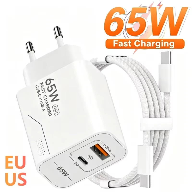 65W GaN USB C Charger 2-Port Fast Charging Phone Charger Pow