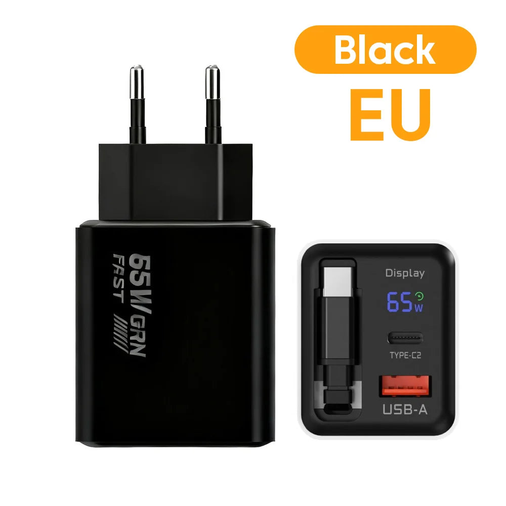 65W GaN USB Phone Charger With Retractable Type C Cable Super Fast Charge Charger Adapter For iPhone 17 Samsung Wall cargadores