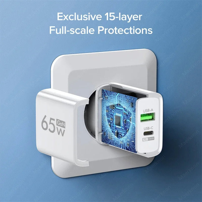65W GaN USB C Charger Dual Port PD3.0 QC3.0 Fast Wall Adapte
