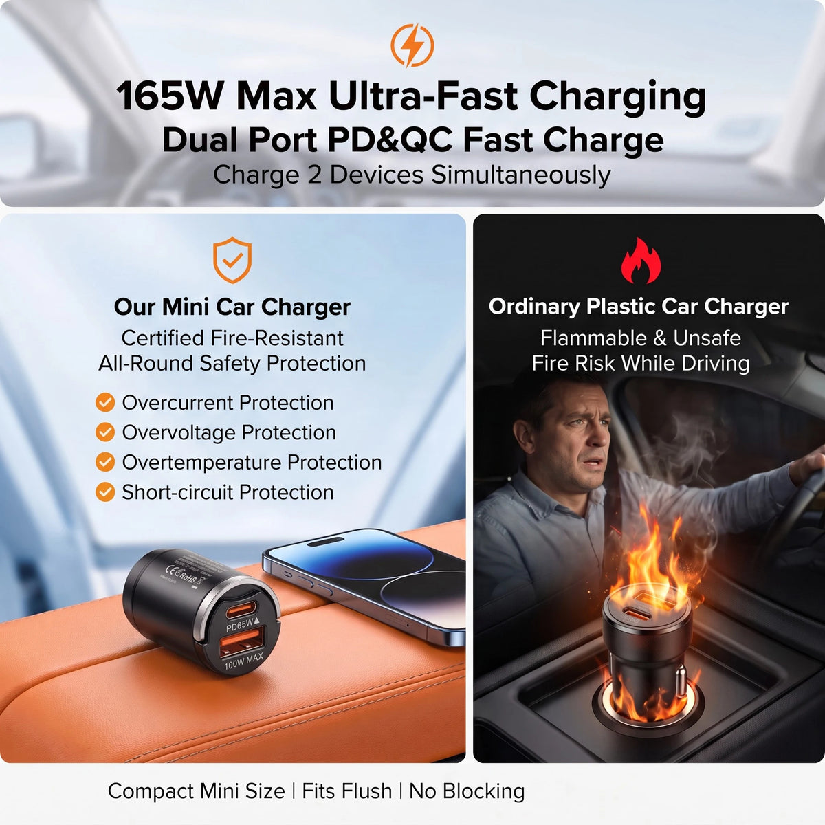 165W Travel Car Charger Dual Port 65W USB C and 100W USB A O