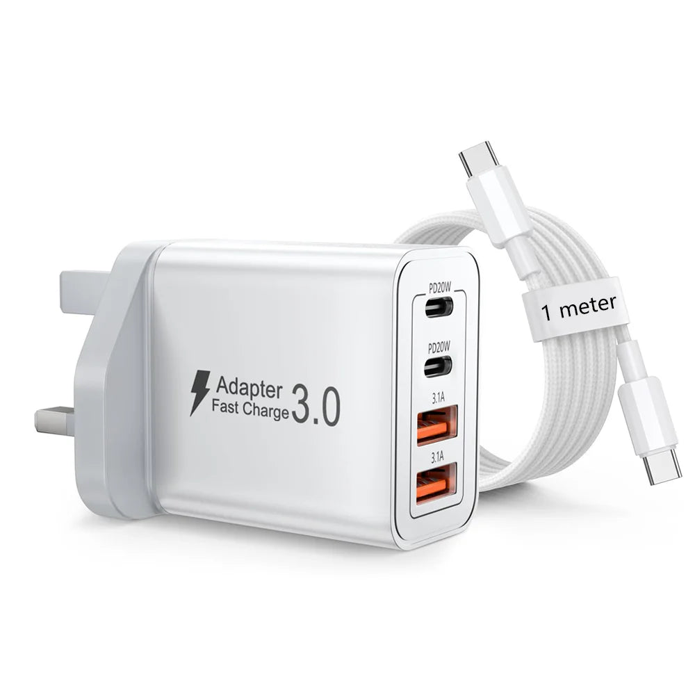 EU/UK/US/AU Plug Multi-Port USB-C/USB-A Wall Charger with Type C Cable 40W Dual PD Fast Charging Block Mobile Phone Adapter