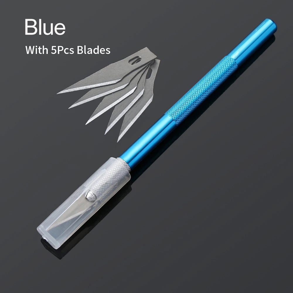 Non-Slip Metal Scalpel Knife Tools Kit Cutter Engraving Craft Knives + 5pcs Blades Mobile Phone PCB DIY Repair Hand Tools