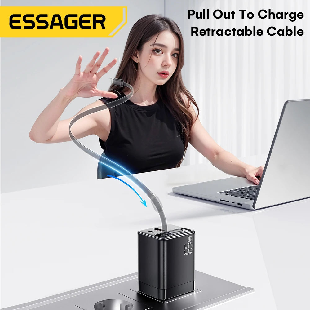 Essager 65W GaN Charger with Retractable Cable PD Fast Charg