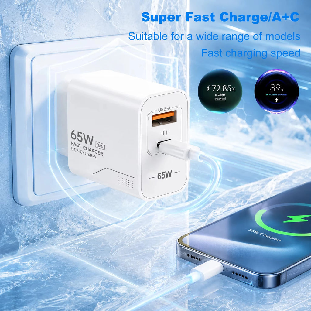 65W GaN USB C Charger 2-Port Fast Charging Phone Charger Pow