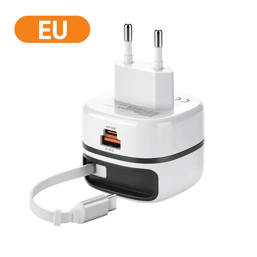 Elough 65W USB Type C Phone Charger Universal Travel Adapter Retractable Fast Charging USB C Cable For iPhone 16 Samsung Laptop