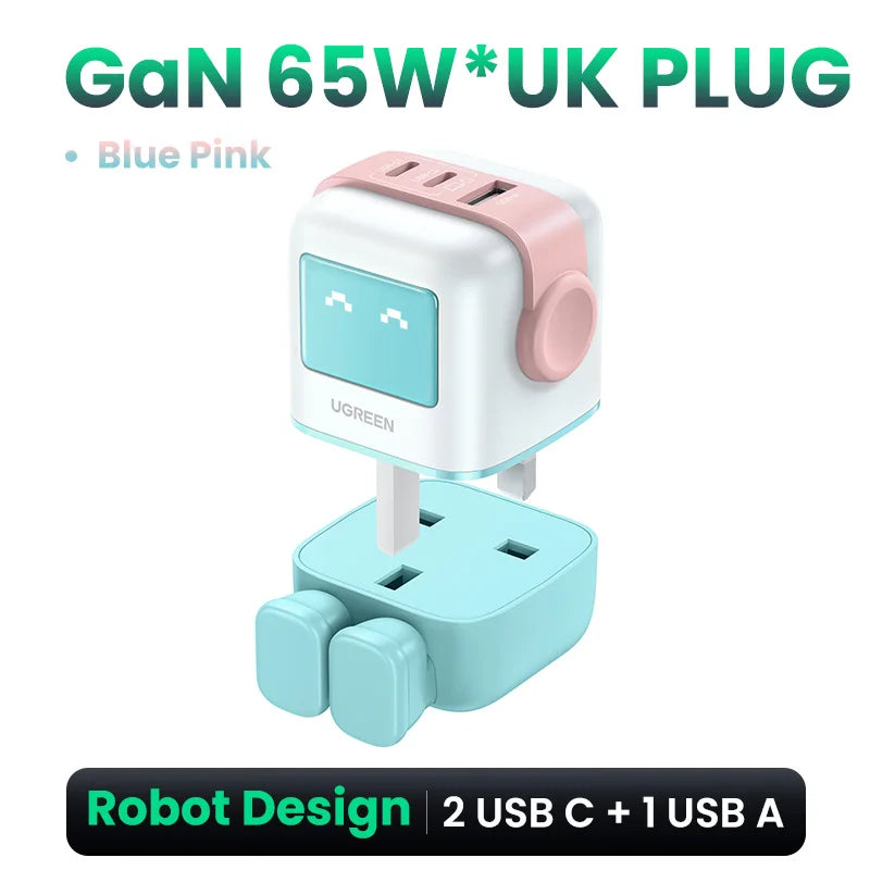 UGREEN 65W GaN Charger Uno Robot Design PD Fast Charger PPS PD3.0 for iPhone 17 16 15 Fast Charge for Xiaomi Laptop Macbook Pro