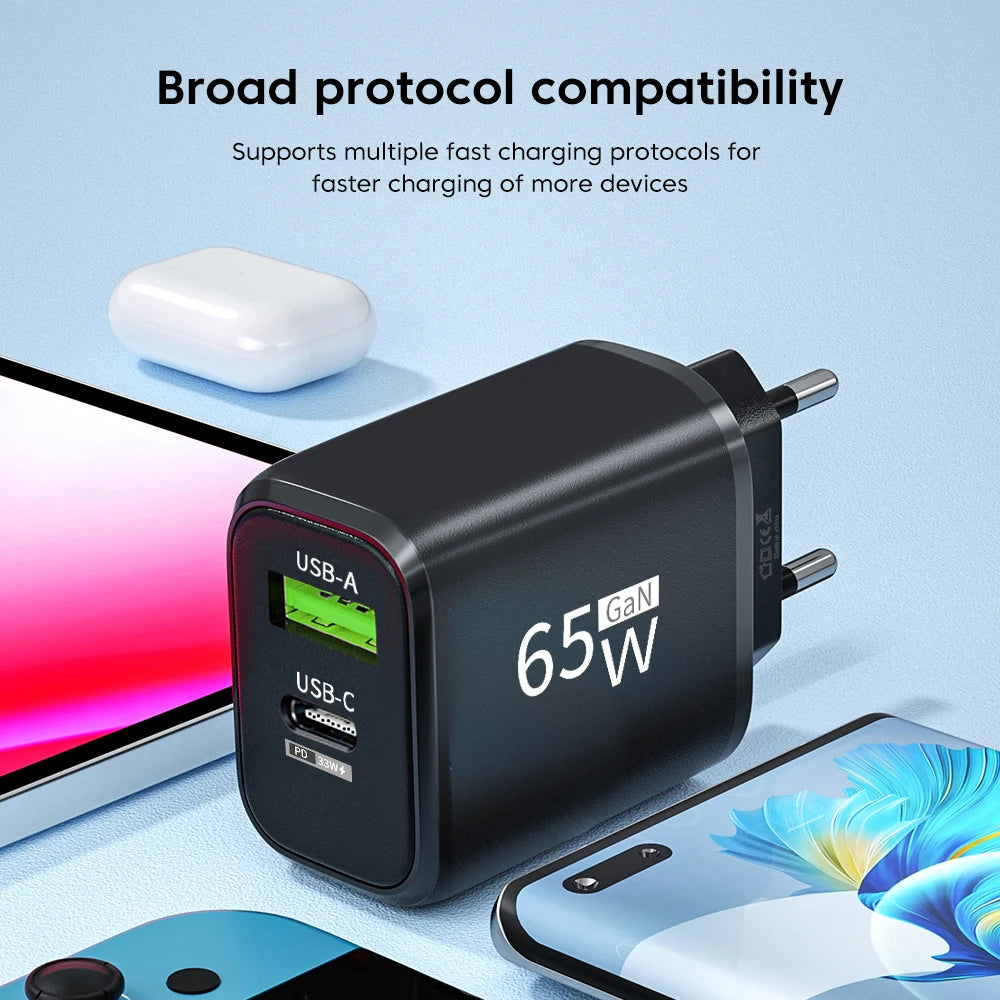 PD 65W GaN USB C Charger Dual Ports USB Type C Charger QC3.0
