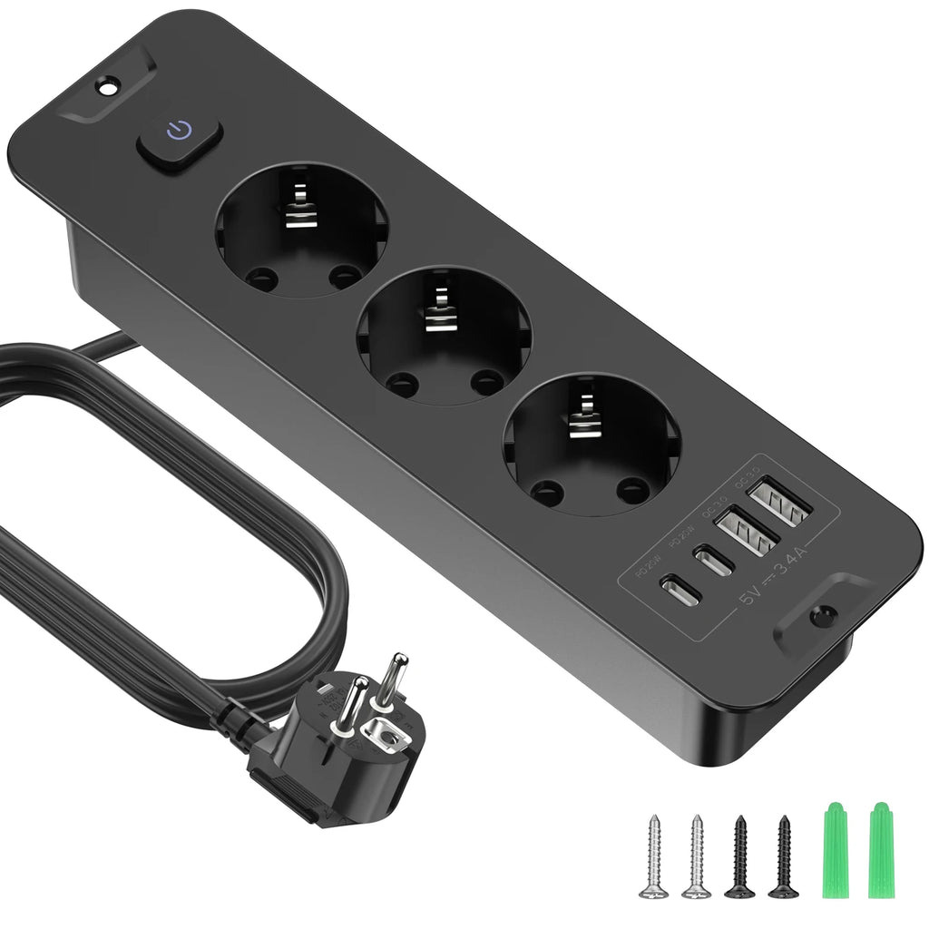 EU Plug Desktop Built-in Power Board 2/3 AC Power Socket 2 USB2 Type-C Charging Adapter Port 2M Extension Cable White Black