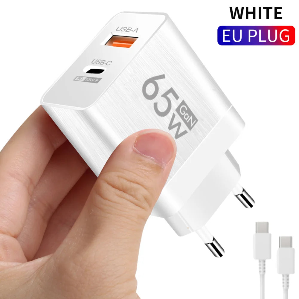 65W Type C USB GaN Charger US/EU Plug Quick Charge For iPhone Xiaomi Samsung Huawei Fast Charging 2 Ports Mobile Phone Adapter