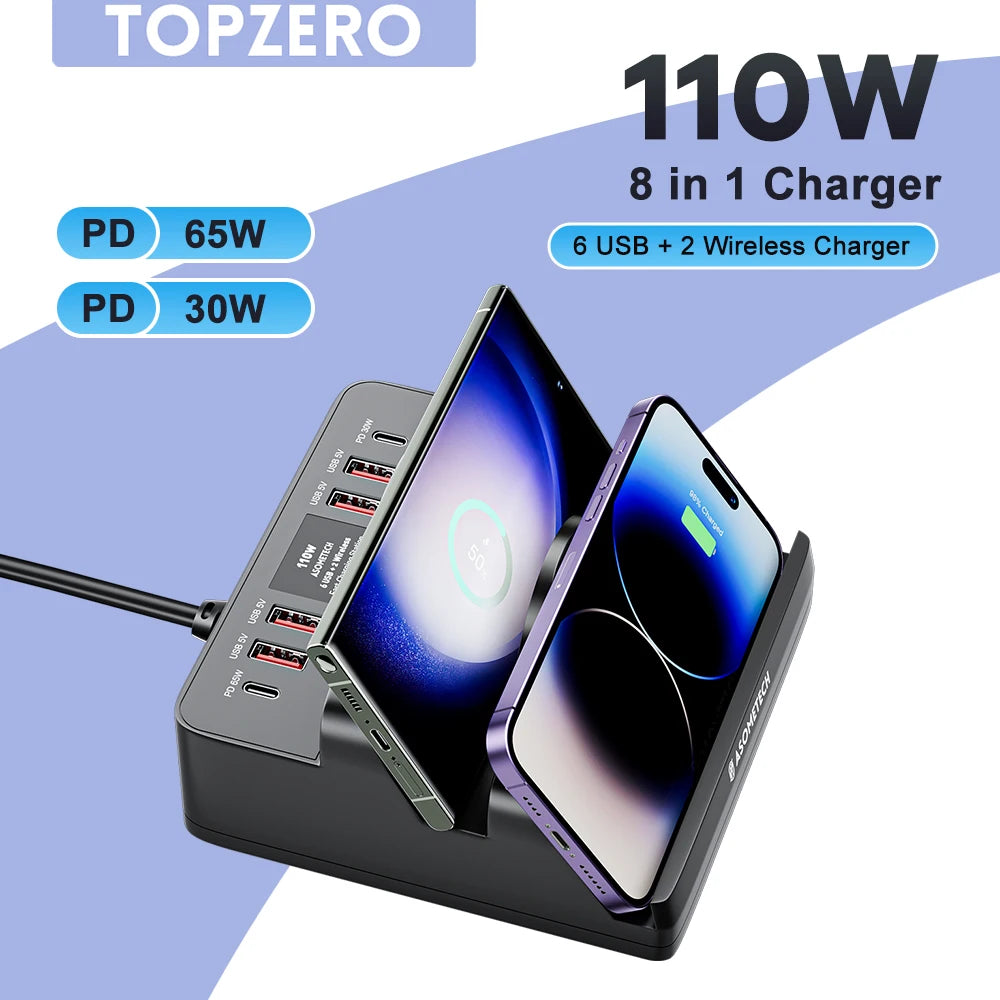 110W 6 Port USB Charger Station Dual Fast Wireless Charging 