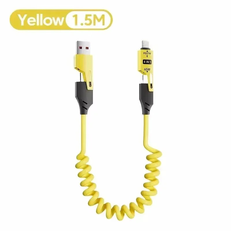 65W Spring Short Data Cable 6A USB Type C 4 in 1 Spring Telescopic Quick Charger Wire Spring USB Cable for iPhone iPad MacBook