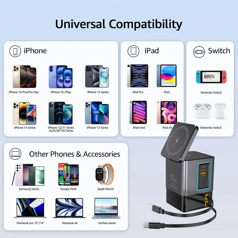 6-in-1 Charging Station with Retractable USB-C Cable Power C