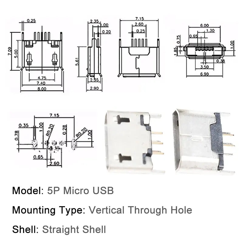 10PCS Micro USB Android Female Charging Socket Flat Edge Crimped Type 5Pin 4 Mounting Pins SMD & DIP Tail Connector
