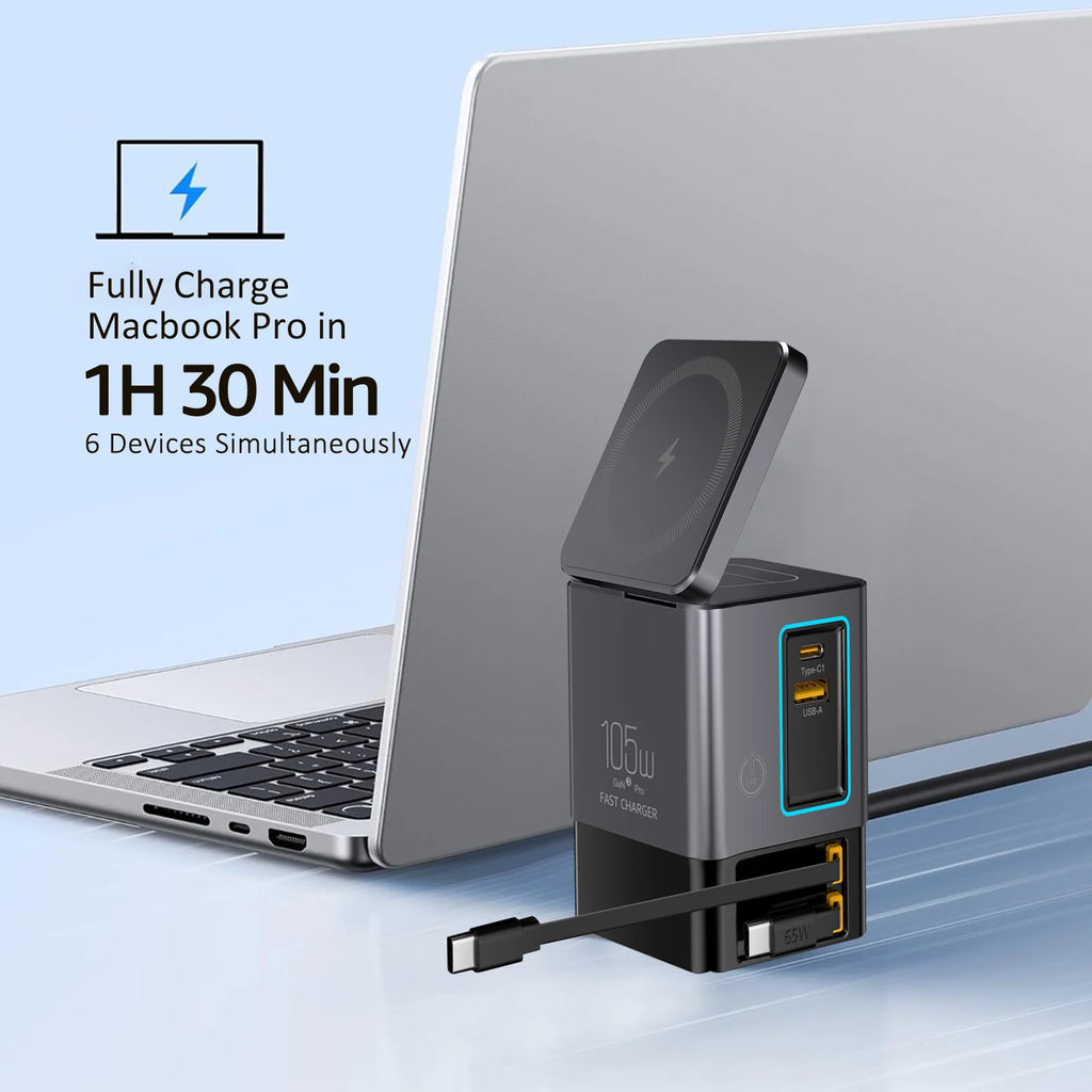 105W Dual Retractable Cable Multi-Port Desktop Charger 2-in-