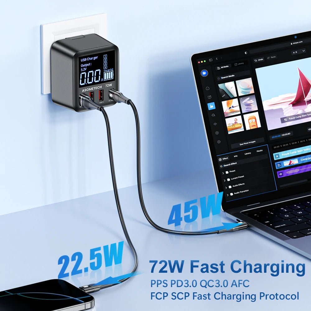 ASOMETECH 72W GaN USB Charger 4 Port With LED Display QC3.0 
