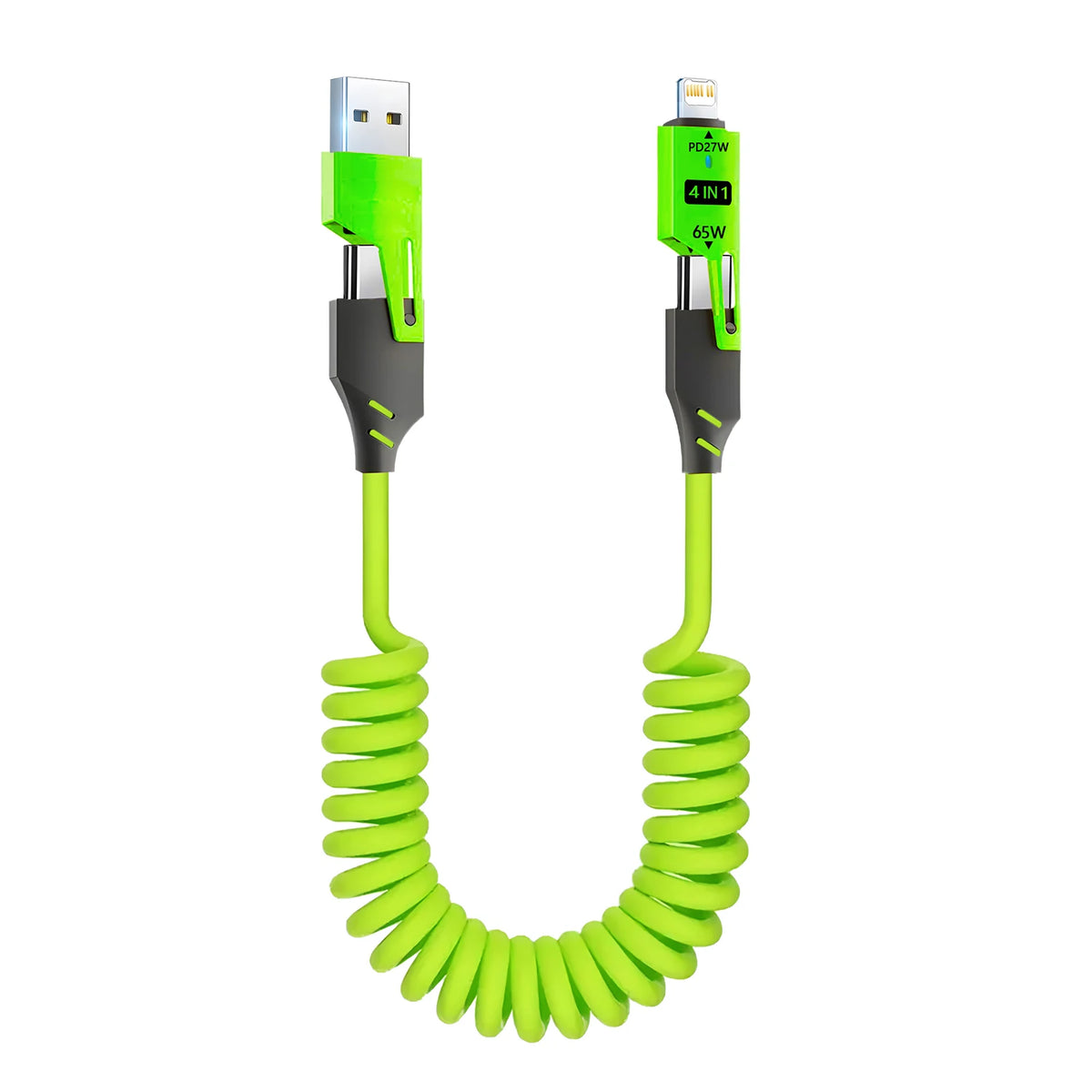 65W 4 in 1 Spring Short Data Cable 6A USB Type C Spring Tele
