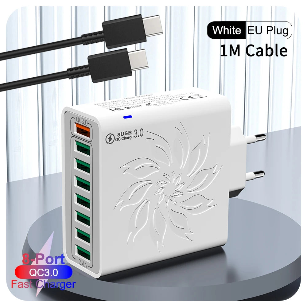 8 in 1 USB QC 5.0 Charger Fast Charging EU/US/KR Plug 65W Quick Charge Power Adapter For iPhone 15 Xiaomi Samsung Travel Charger