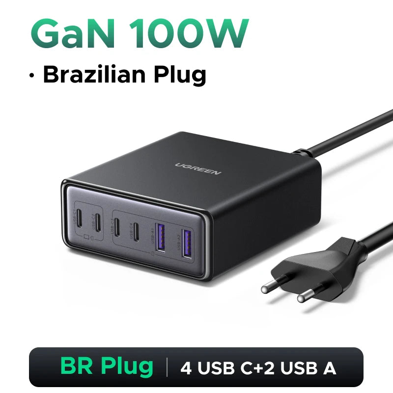 UGREEN 100W 65W GaN Charger 6 in 1 Desktop Laptop Fast Charger For iPhone 17 16 15 14 Pro Max Macbook Air iPad Samsung Xiaomi