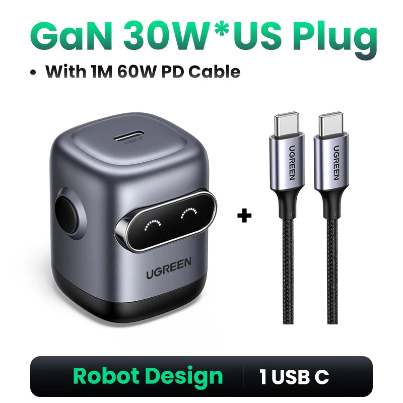 US Plug UGREEN 65W 30W GaN Charger Robot Design QC4.0 3.0 PPS for iPhone 18 17 16 Pro Macbook Laptops Tablet PD3.0 Fast Charg