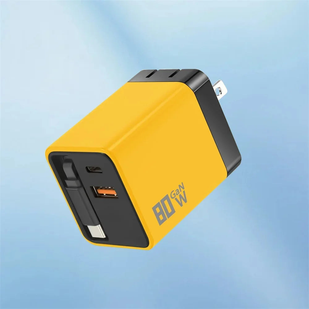 80W GaN USB C Fast Charger Retractable Cable Phone Charger Adapter For iPhone Samsung Xiaomi Huawei EU/US/UK Plug Quick Charger